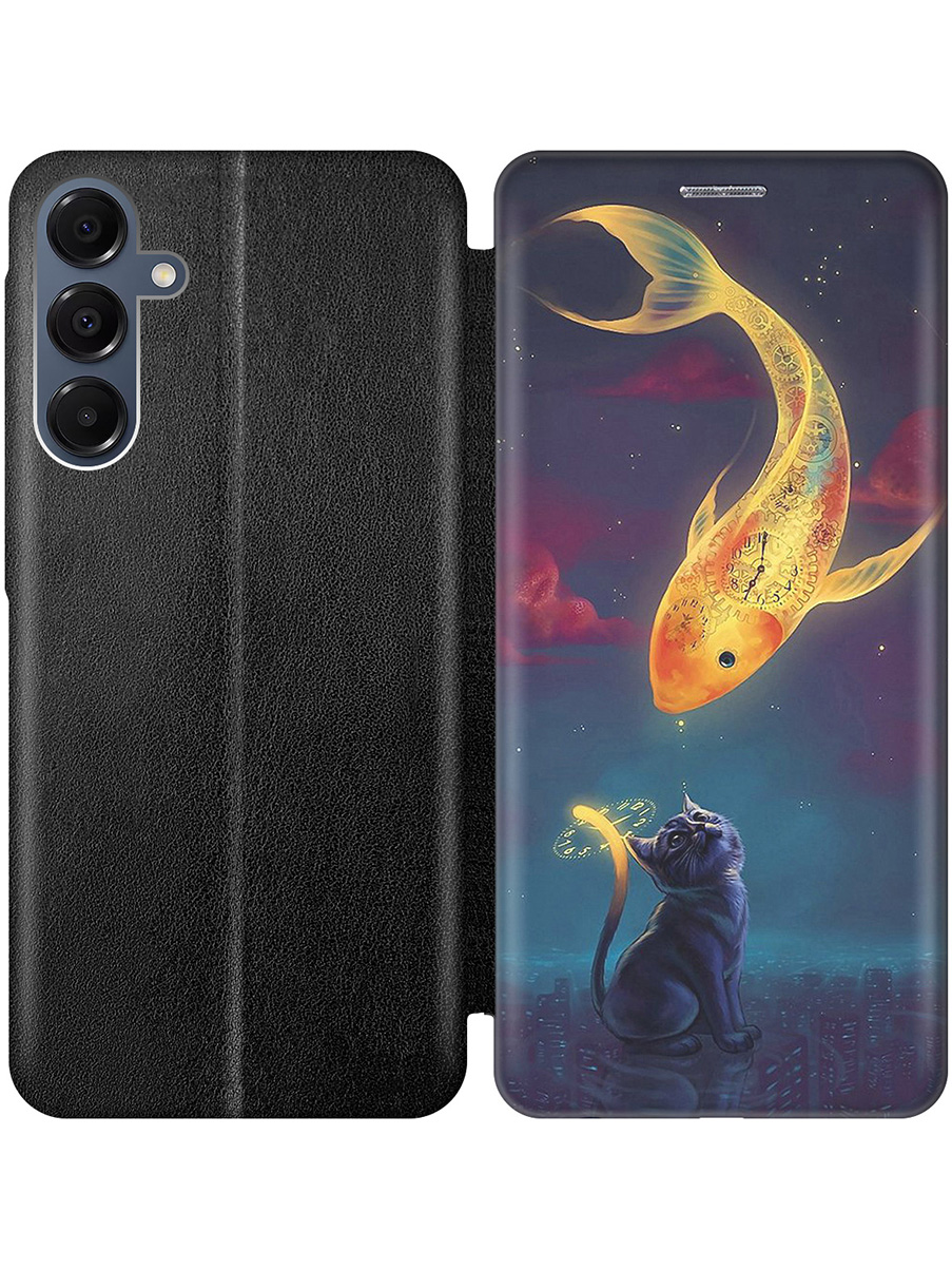 

Чехол-книжка на Samsung Galaxy A16 с принтом "Кот и рыбка" черный, Черный;желтый;серый;синий, 786721785