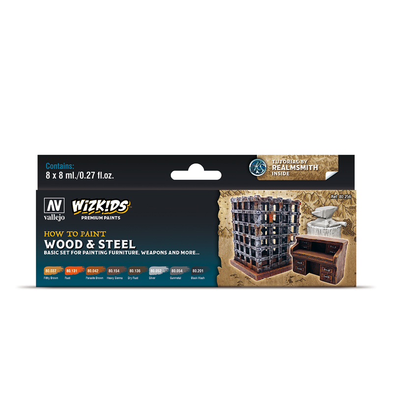 

Набор акриловых красок Vallejo Wizkids Wood Steel 80256, 8 красок по 8 мл, Wood & Steel