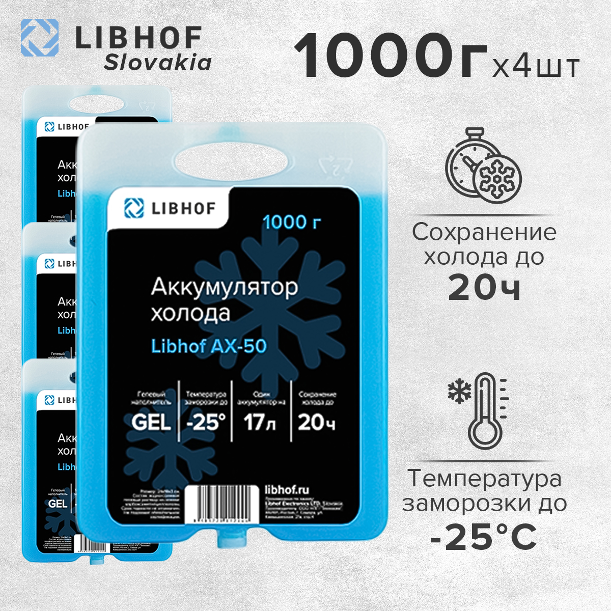 

Хладоаккумулятор гелевый Libhof AX-50 1000 г 4 шт., Голубой, AX-50