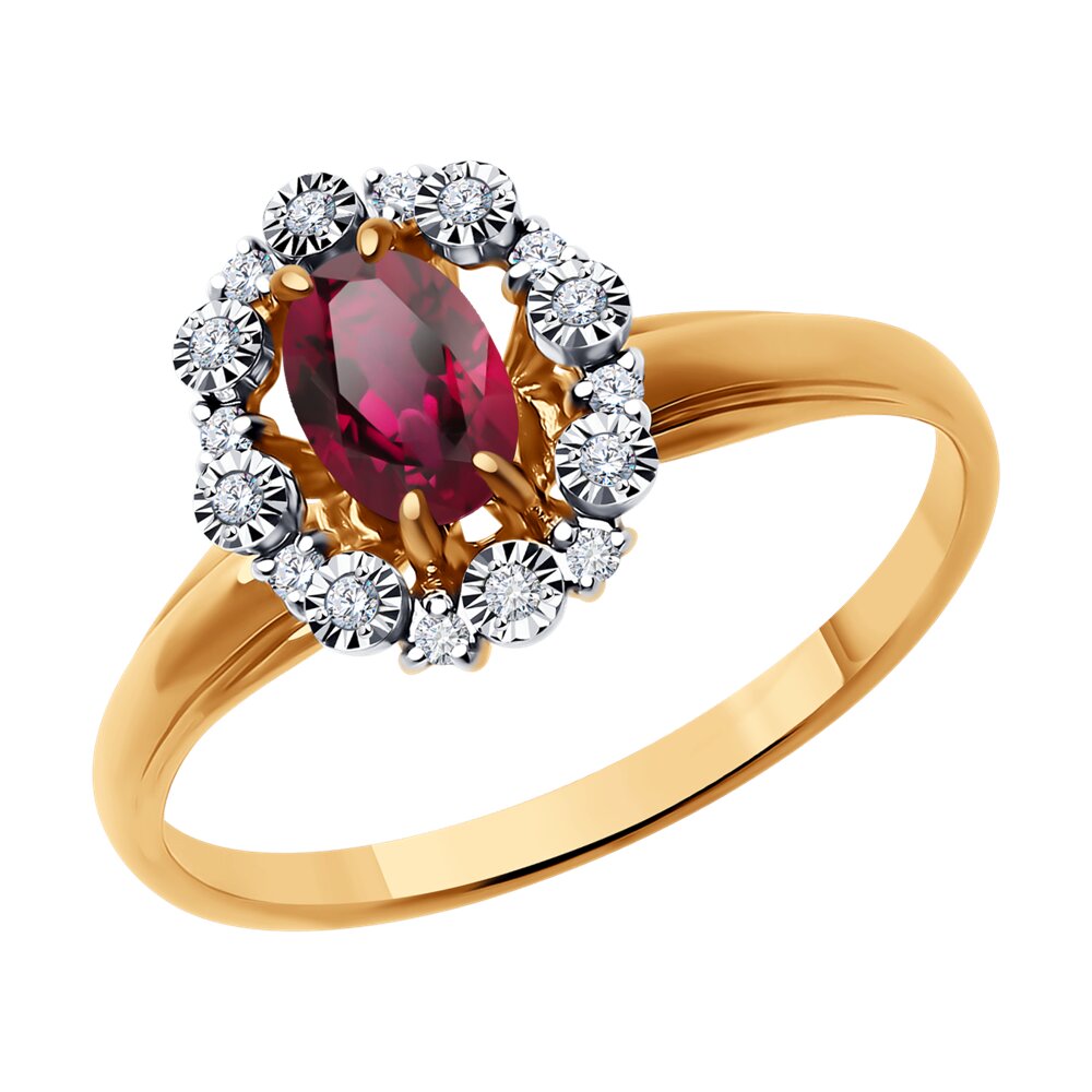 

Кольцо из комбинированного золота р.  Diamant 51-210-01999-3, бриллиант/рубин, 51-210-01999-3
