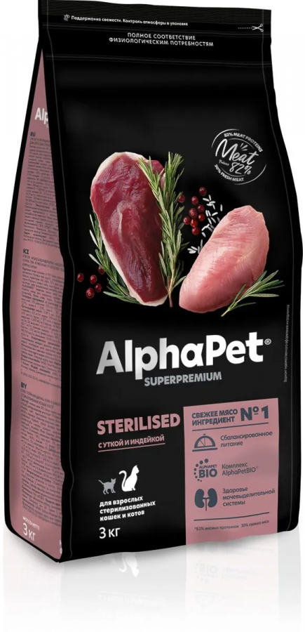 фото Корм сухой для стерилизованных кошек alphapet superpremium, с уткой и индейкой, 3 кг