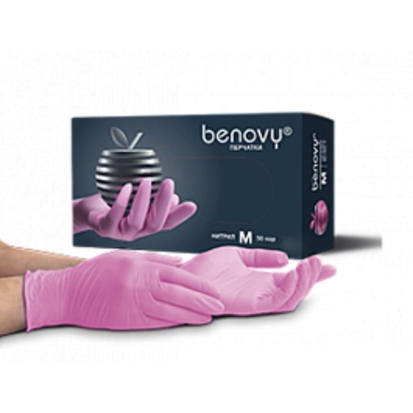 Купить Перчатки медицинские BENOVY нитрил розовые р. M 100 шт.