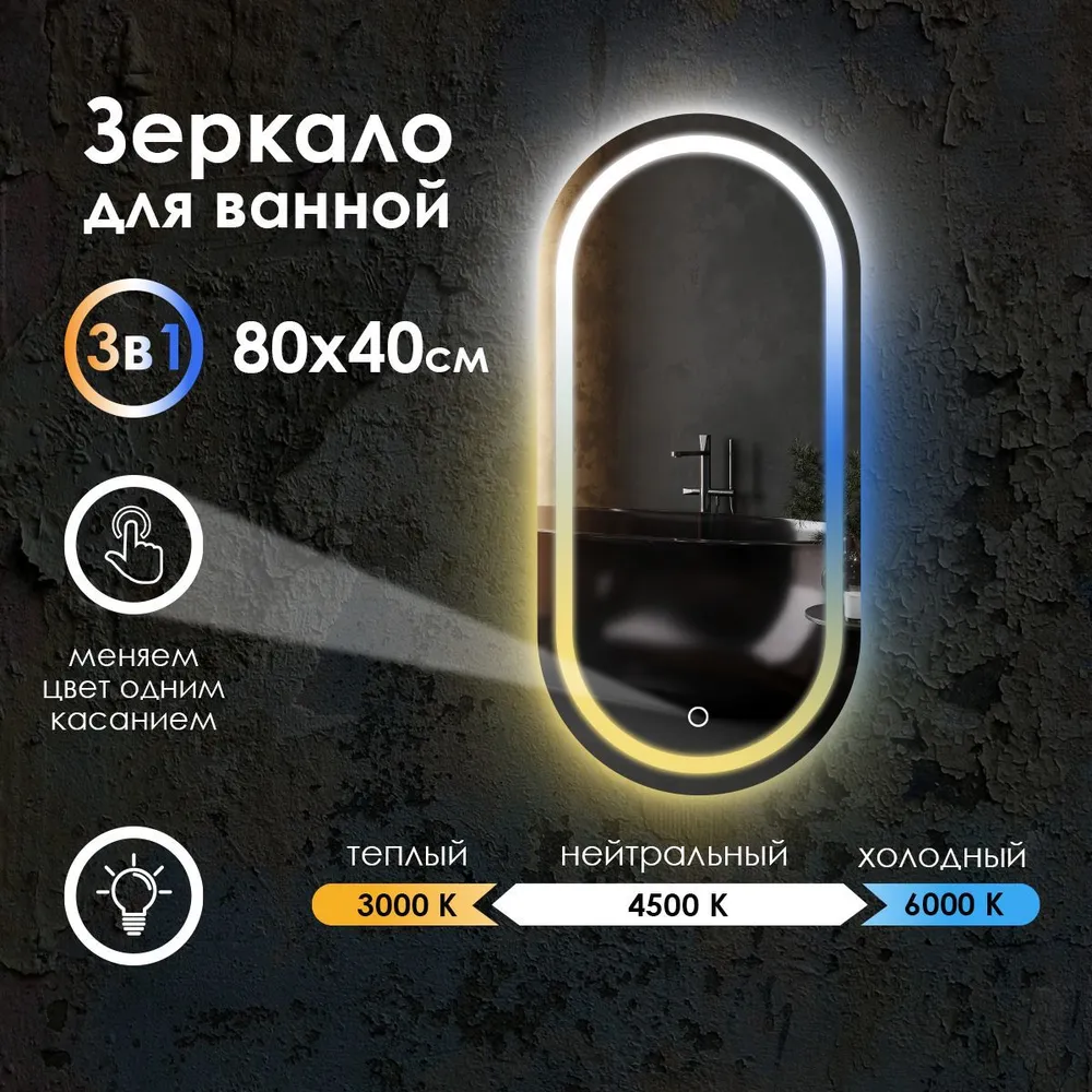 

Зеркало для ванной Maskota Elen с фронтальной подсветкой 3в1,закрытый корпус IP44, 80x40см, Белый;голубой;желтый, Elen-pes