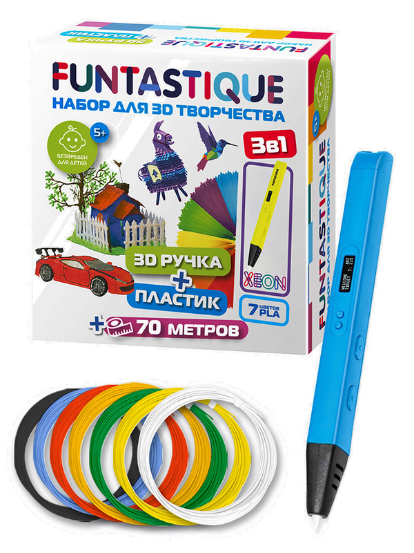 Набор FUNTASTIQUE 3D-ручка XEON голубой+PLA-пластик 7 цветов, RP800A BU-PLA-7 набор для 3д творчества 4в1 funtastique 3d ручка cleo синий с подставкой pla пластик 15 ов книжка с трафаретами для мальчиков