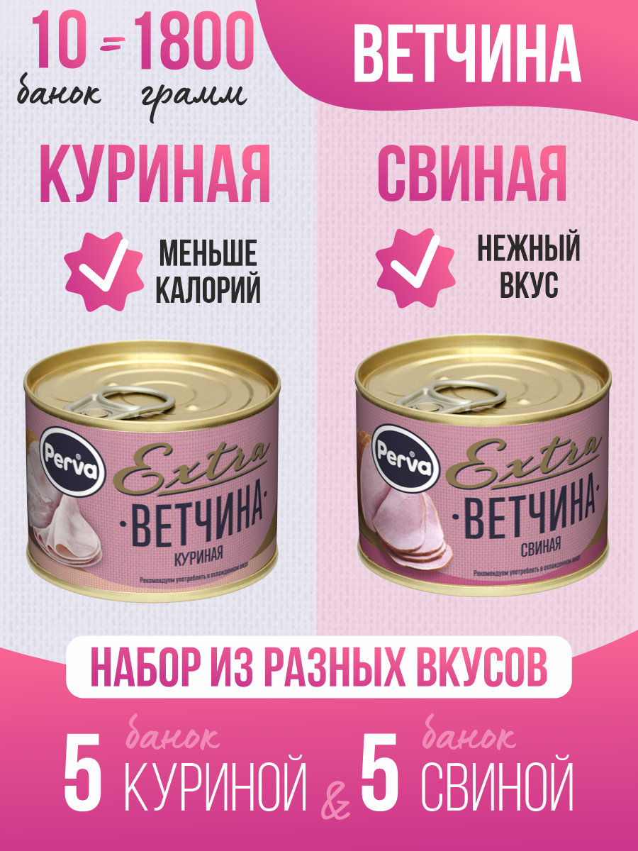 Ветчина Perva консервированная куриная свиная 180 г х 10 шт 1679₽