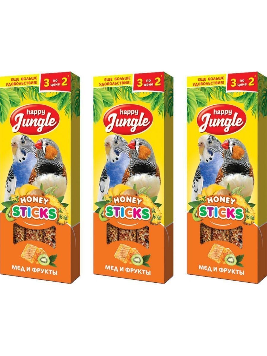 Лакомство для птиц Happy Jungle палочки мед и фрукты, 3 шт по 90 г