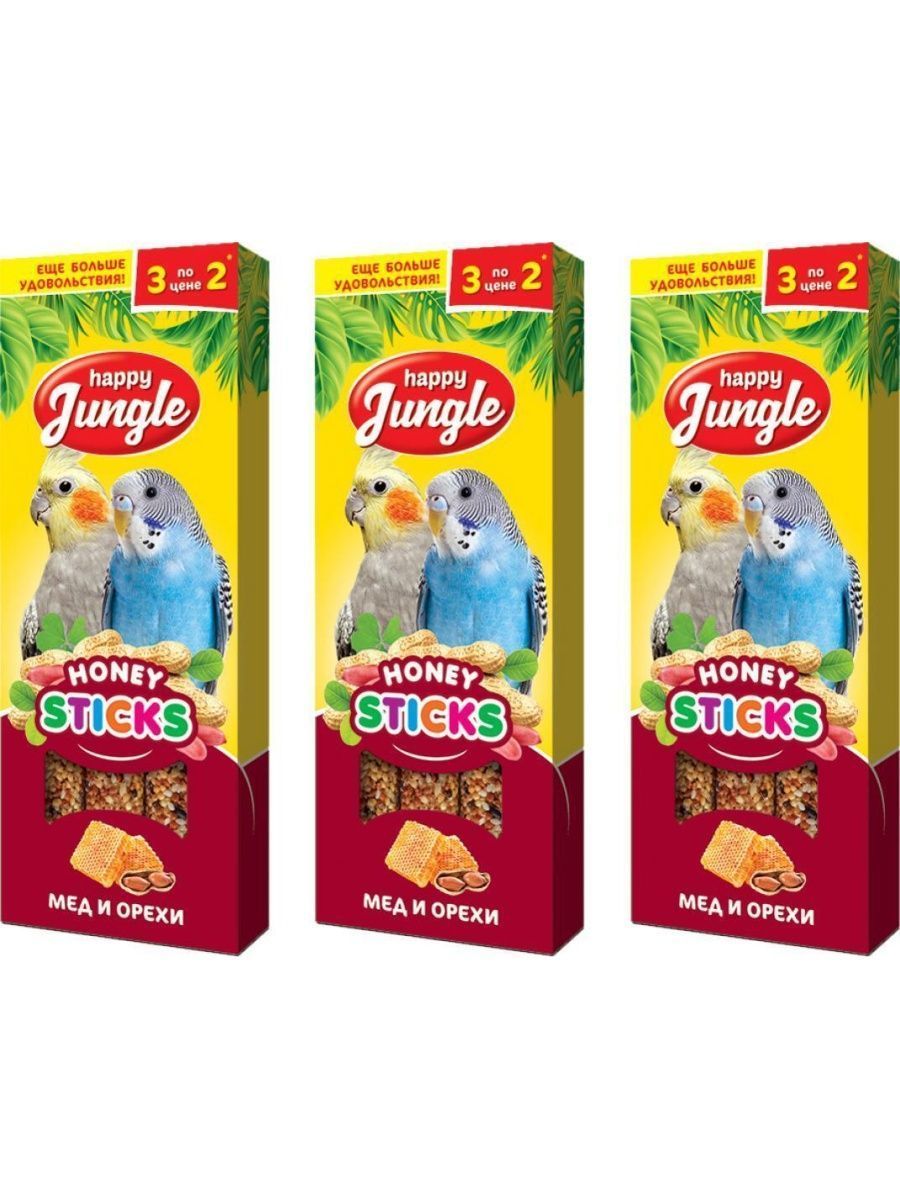 

Лакомство для птиц Happy Jungle палочки мед и орехи, 3 шт по 90 г