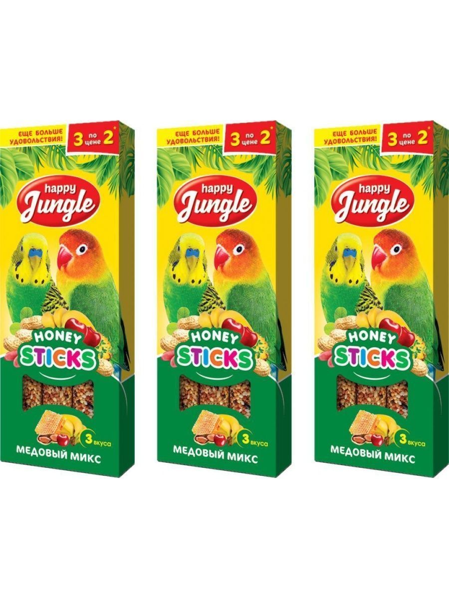 Лакомство для птиц Happy Jungle палочки медовый микс, 3 шт по 90 г