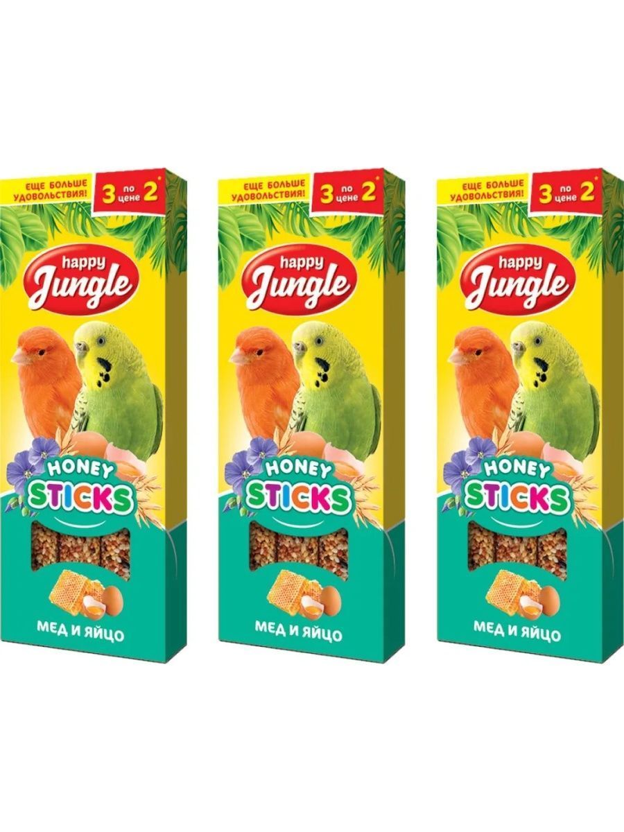 

Лакомство для птиц Happy Jungle палочки мед и яйцо, 3 шт по 90 г