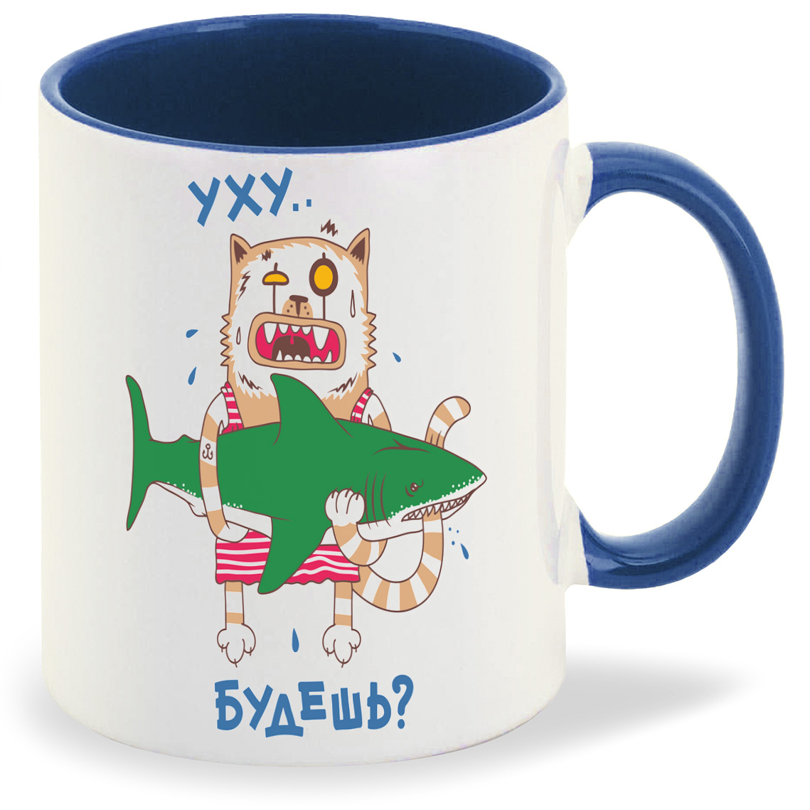 

Кружка CoolPodarok Прикол Кот с акулой Уху будешь2, Прикол Кот с акулой Уху будешь2