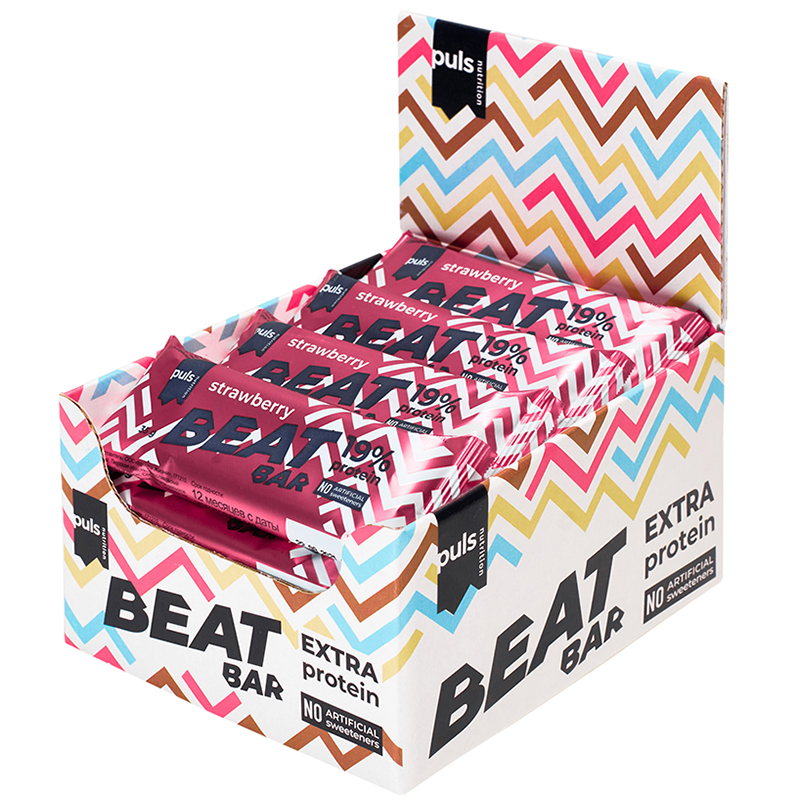 фото Протеиновые батончики puls nutrition beat bar, 20 штук х 35 грамм, вкус: клубника