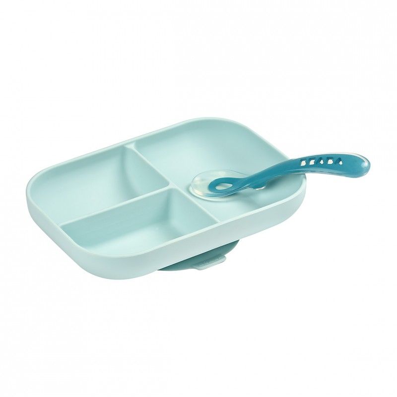 Набор посуды Beaba тарелка, ложка/Slicone Set Blue 913455 комплект в кроватку fluffymoon blue sky в круглую бортики подушки 5 предметов
