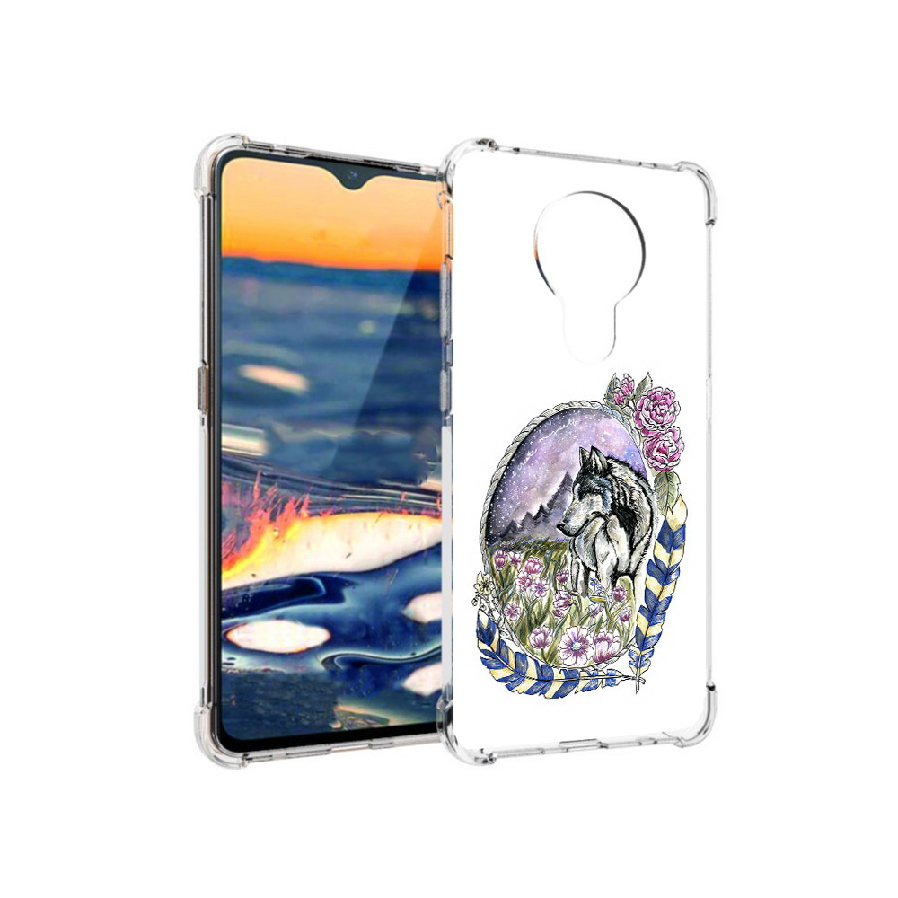 

Чехол MyPads Tocco для Nokia 5.3 нарисованный волк в цветах с перьями (PT227052.106.509), Прозрачный, Tocco