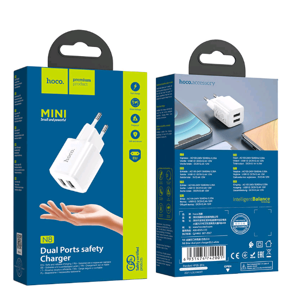 

Переходник СЗУ на 2 USB 2.4A HOCO N8 белый