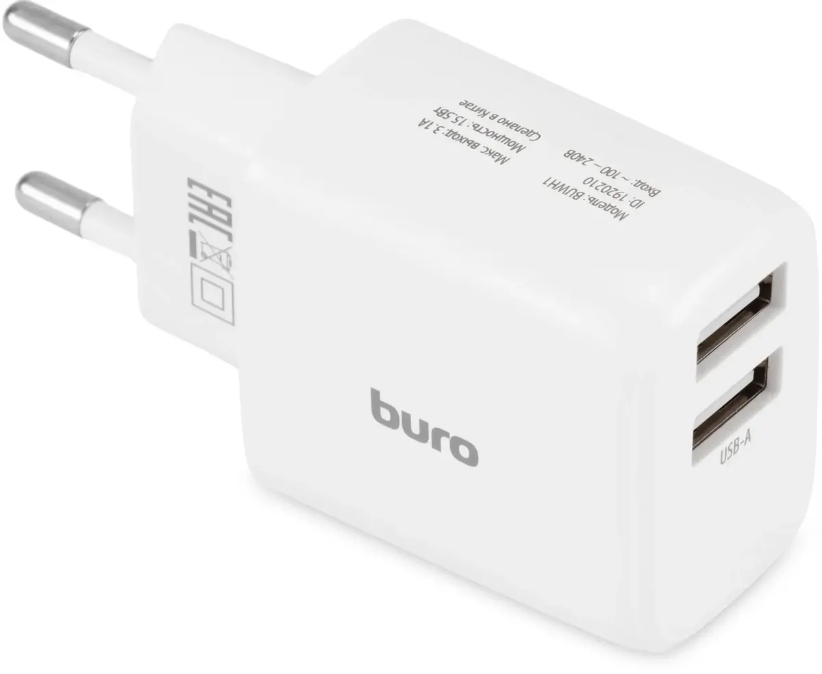 

Сетевое зарядное устройство Buro BUWH1, 2xUSB, 15.5Вт, 3.1A, белый (buwh15s200wh), BUWH1