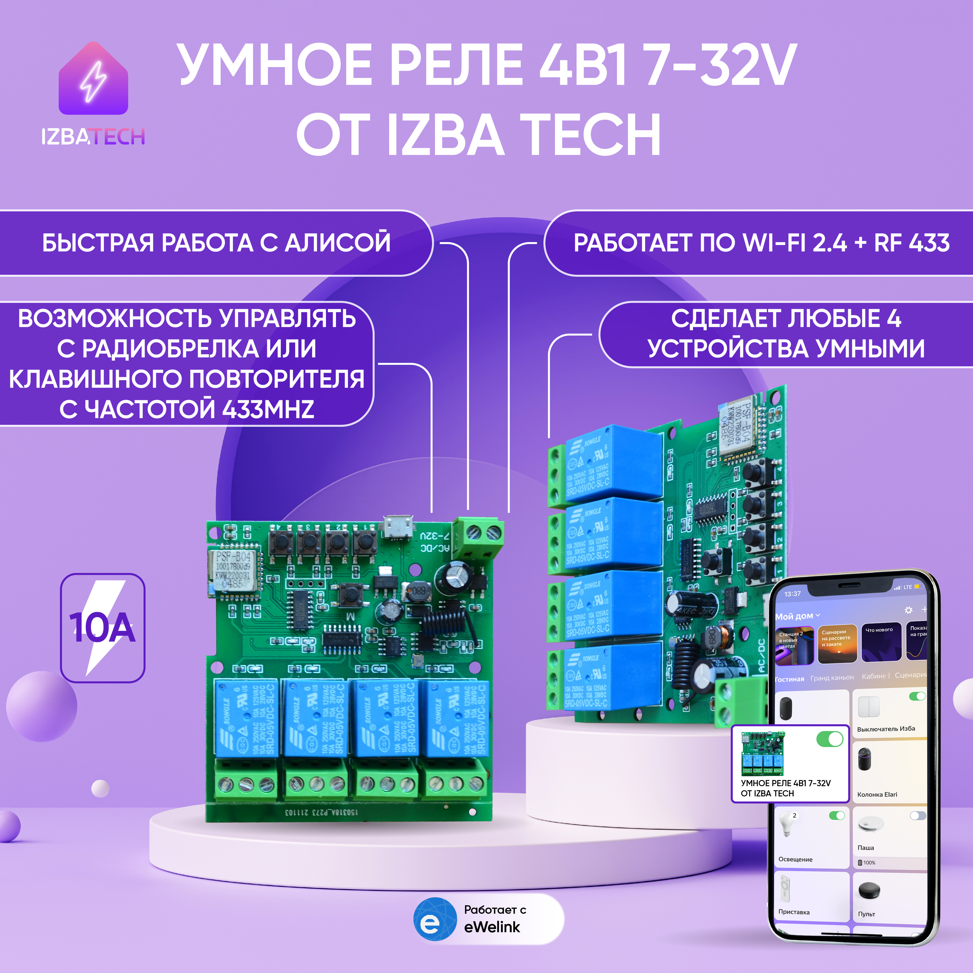 

Умное реле для Алисы Izba Tech 0032 4 в 1 с WIFI + RF 7-32V, 0032