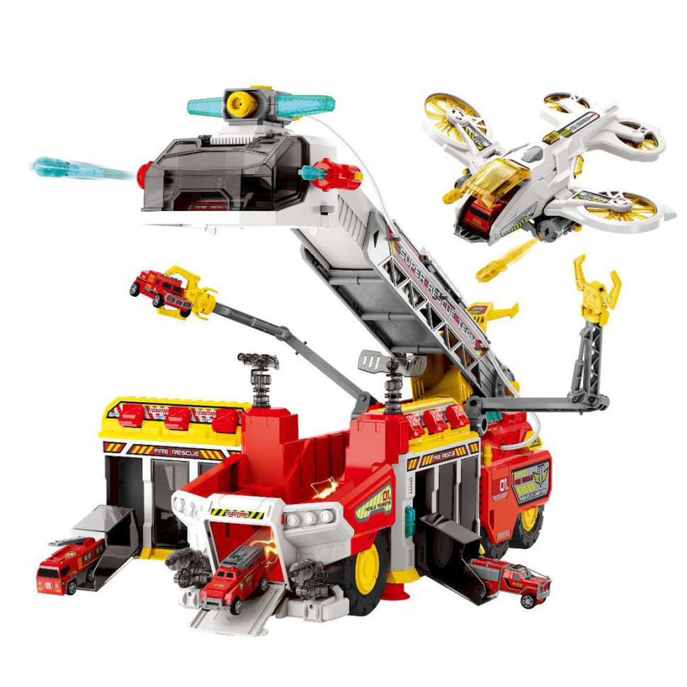 Игрушечные машинки CS Toys Пожарная станция, 3 машинки, вертолет, свет, звук, полив водой вертолет с подъемным краном на р у wl toys v388