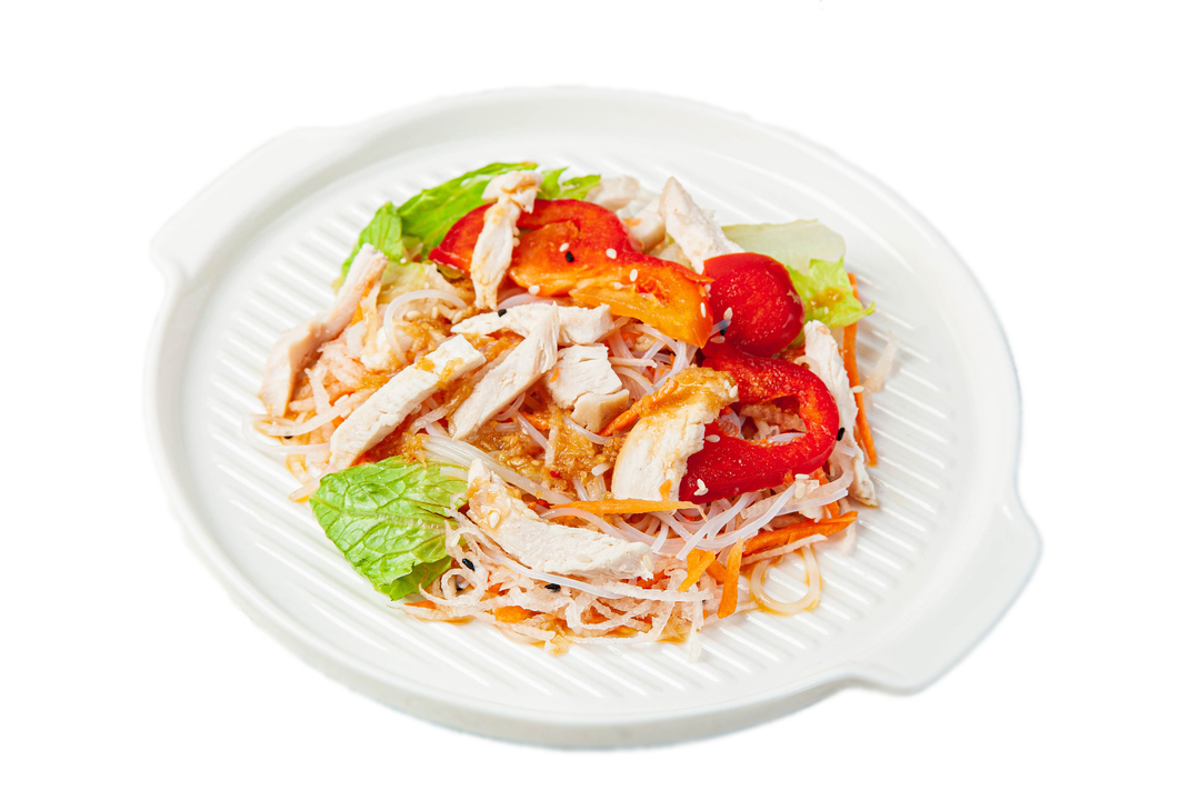 

Салат ВкусВилл из фунчозы и копченого куриного филе с овощами 170 г