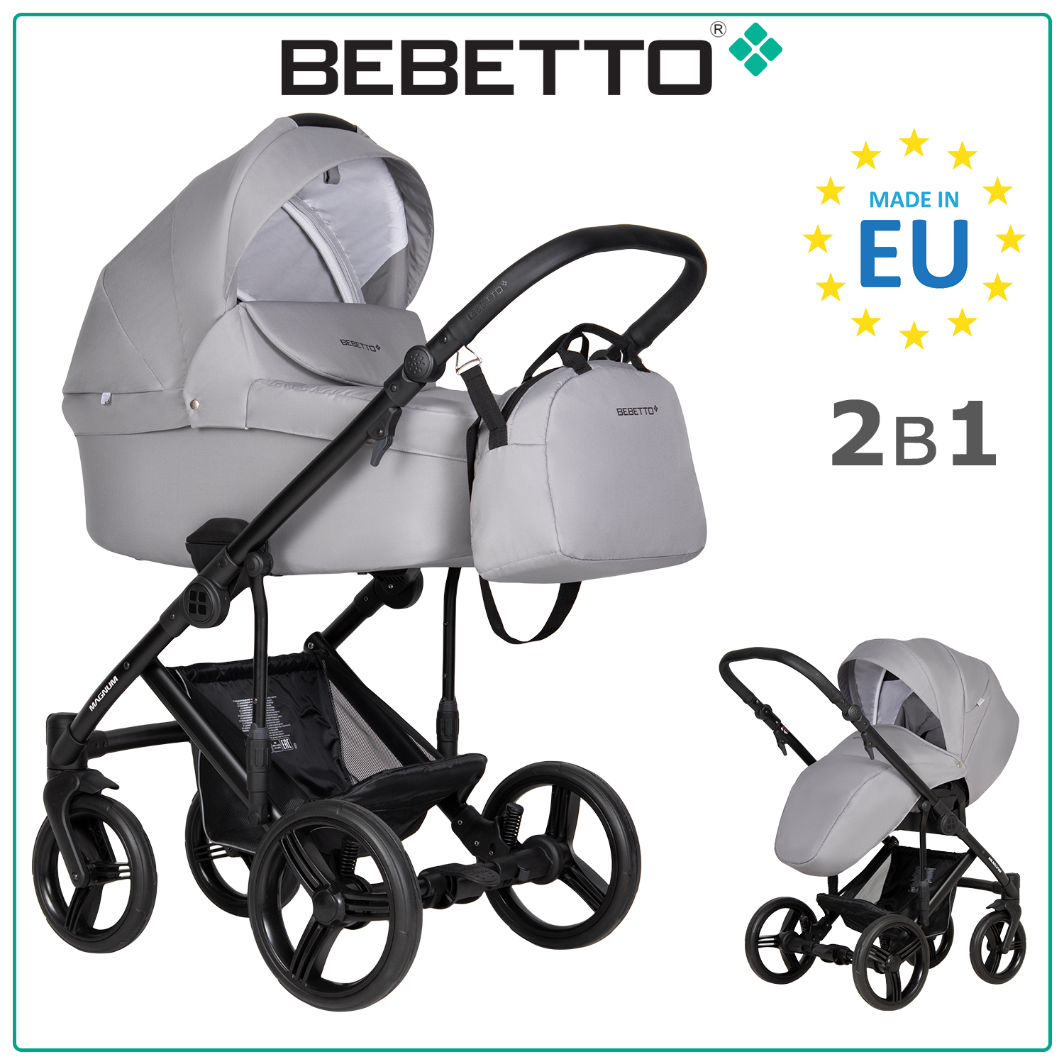 Коляска детская Bebetto 2 в 1 Magnum LIGHT 02, серый, рама черная, 0+