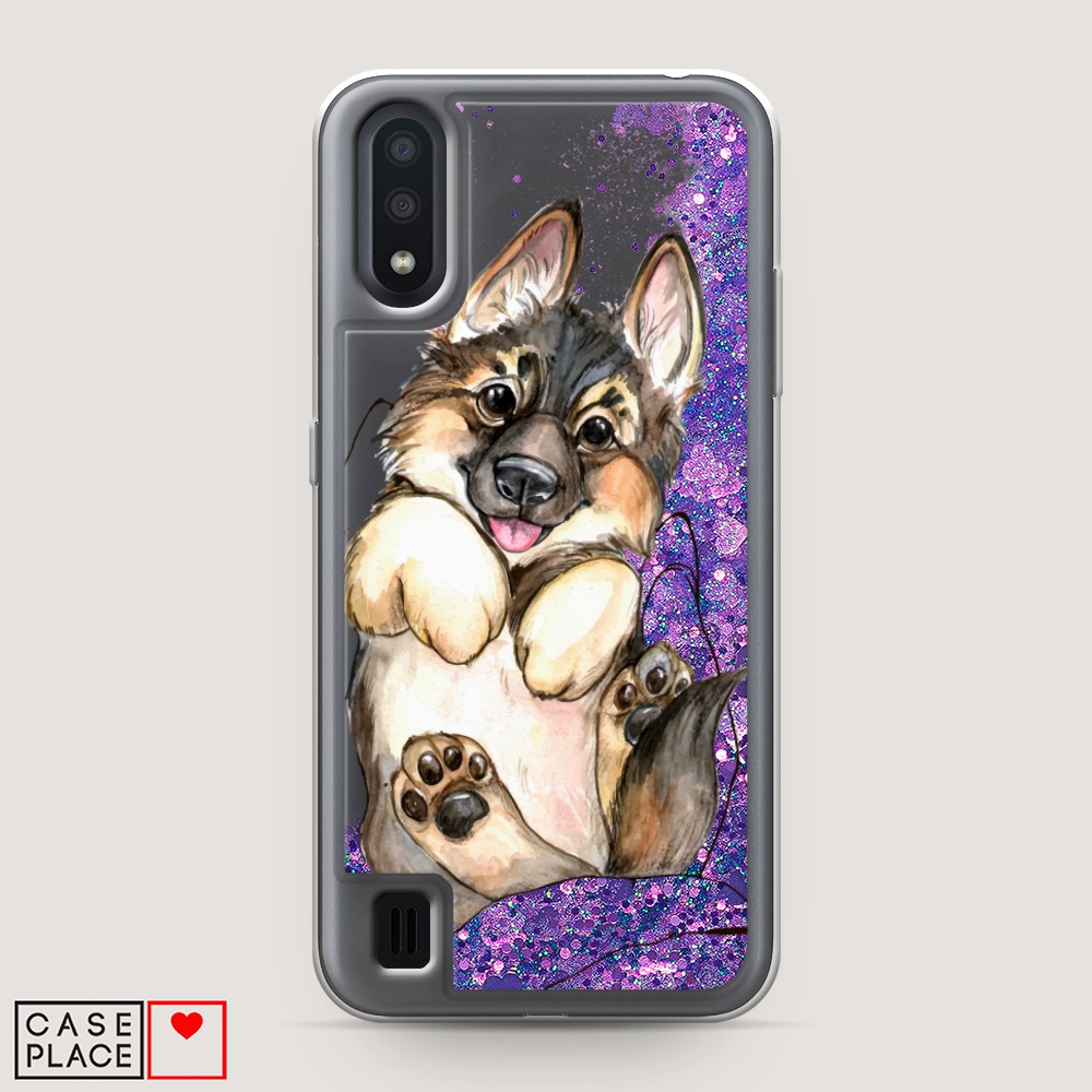 

Жидкий чехол с блестками "Овчарка в ладошках" на Samsung Galaxy A01, 29592-1
