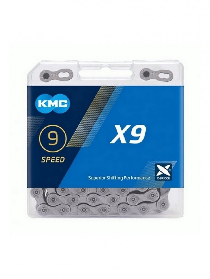 Цепь велосипедная KMC X9 Grey, на 9 звезд /27 скоростей, 114 звеньев, 1/2