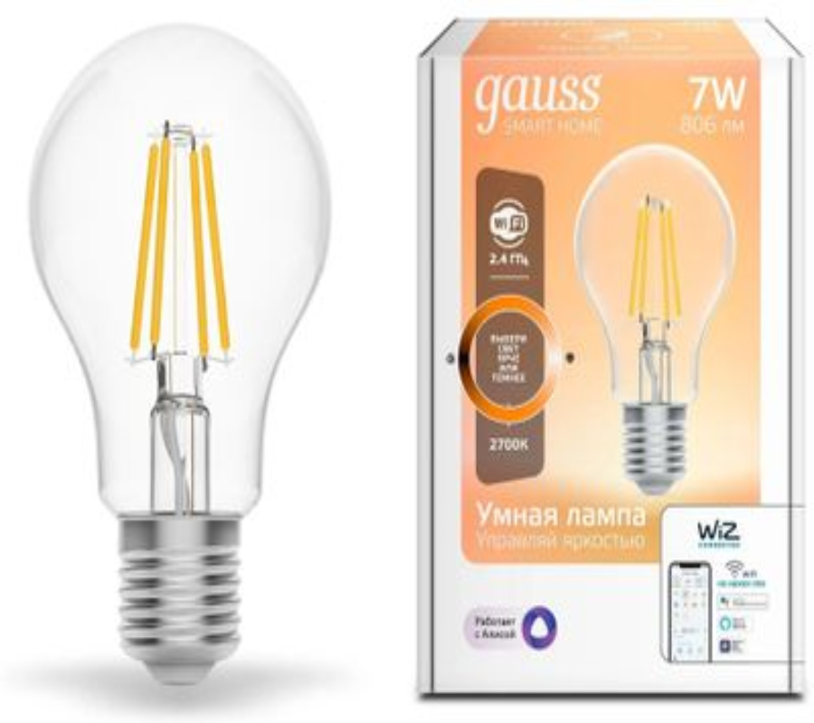 Умная лампа Gauss Smart Home E27 белая 6.5Вт 806lm Wi-Fi 1шт