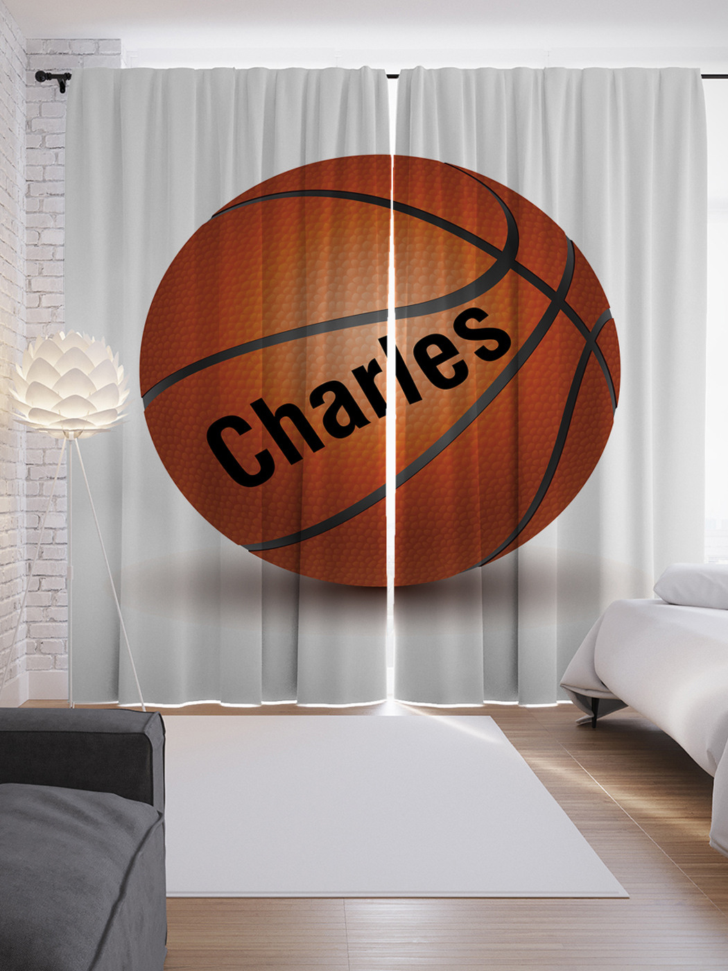 фото Шторы joyarty с фотопечатью "баскетбольный мячь чарльз" из сатена, 290х265 см