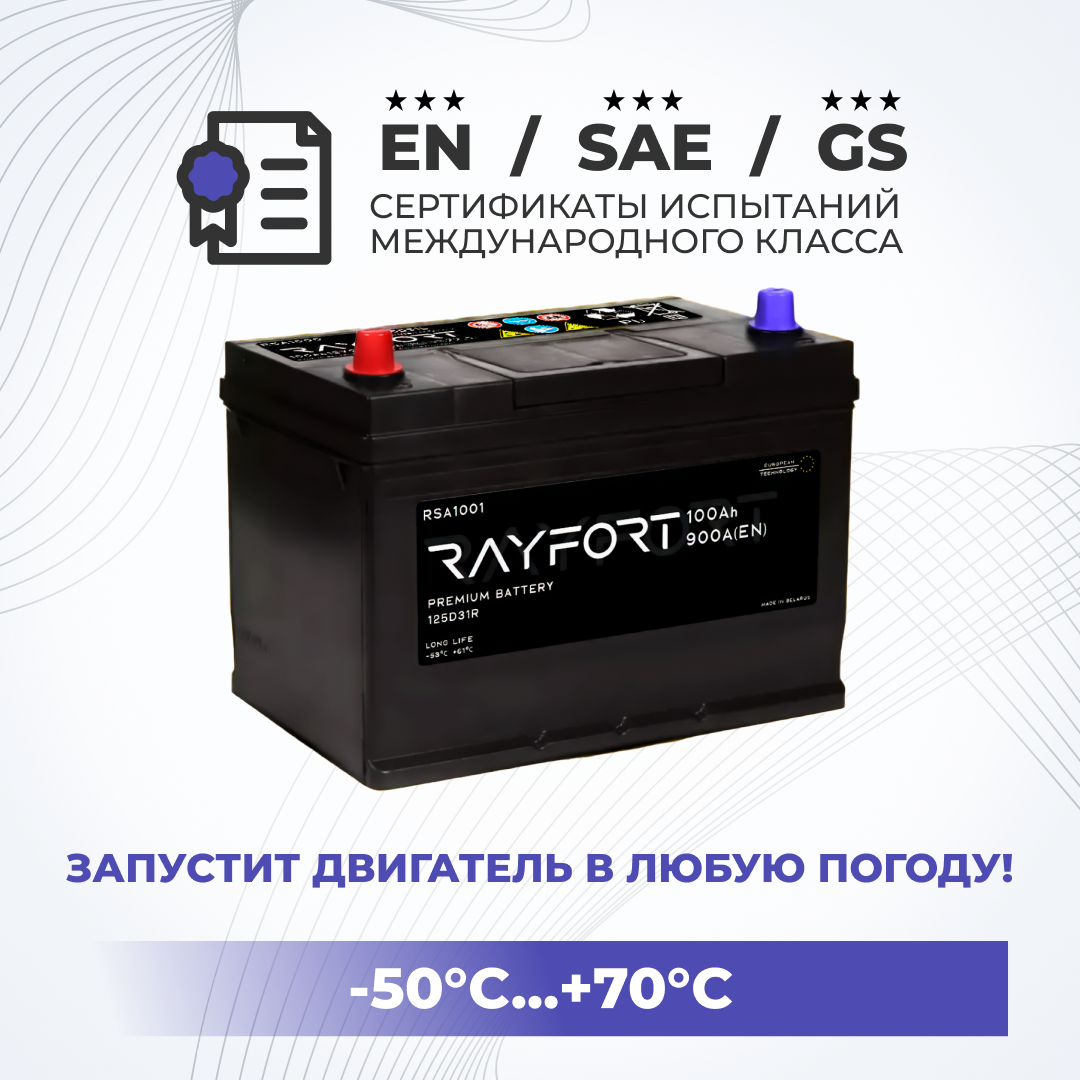 Аккумулятор автомобильный RAYFORT RSA1001 100Ah 900A прямая 125D31R 306x175x225