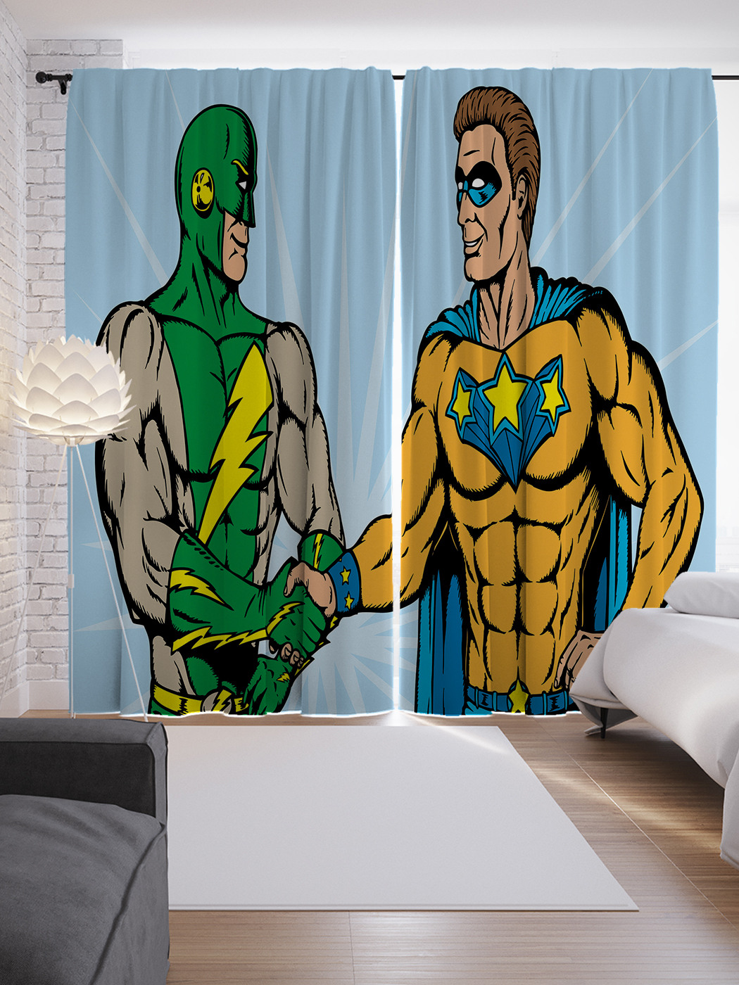 

Шторы JoyArty с фотопечатью "Дружба героев" из сатена, 290х265 см, Дружба героев