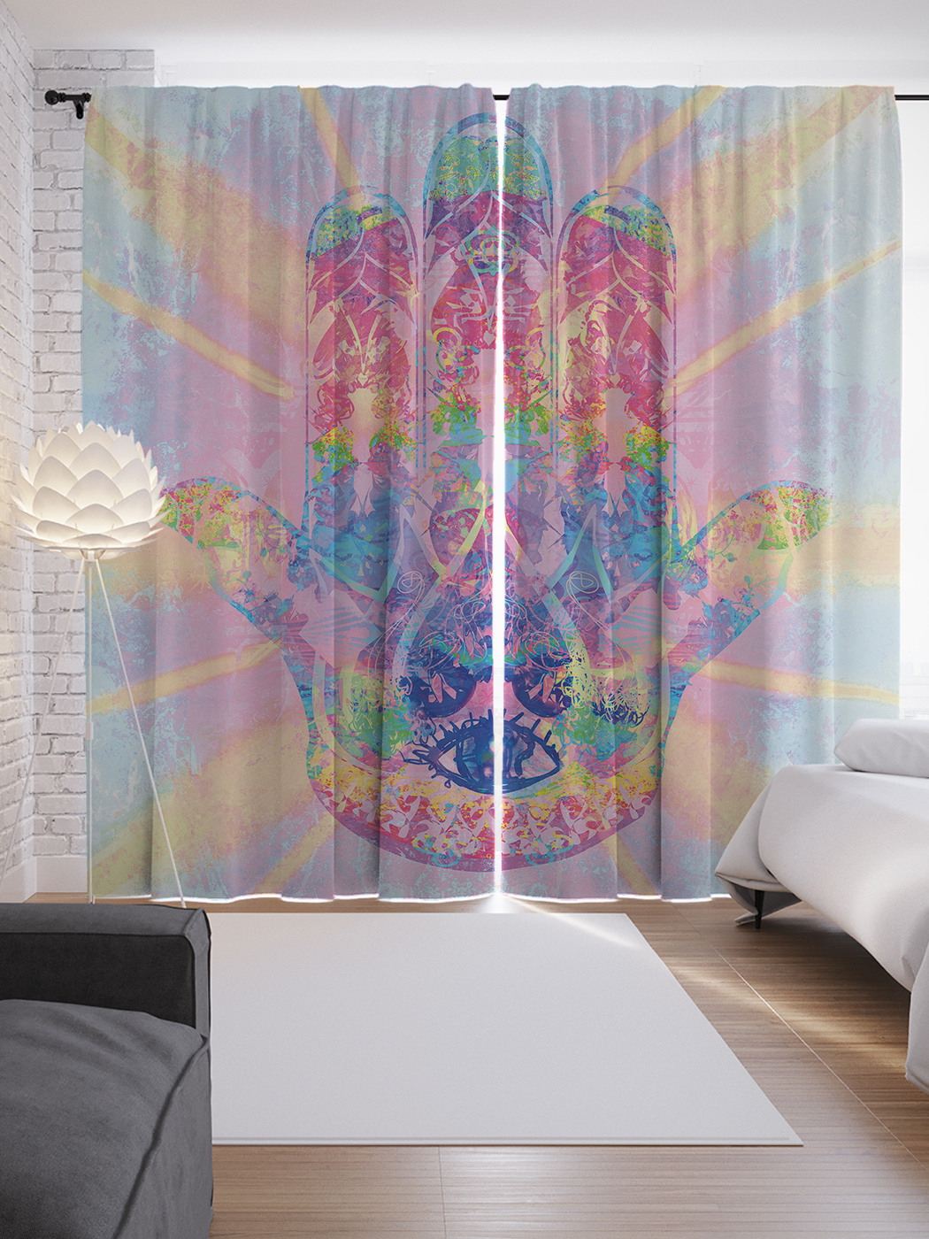 

Шторы JoyArty с фотопечатью "Радужное сияние хамсы" из сатена, 290х265 см, Радужное сияние хамсы