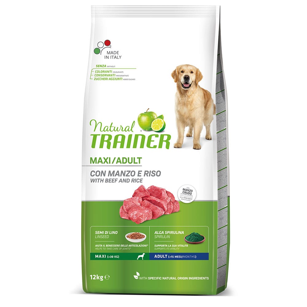 Сухой корм для собак TRAINER Natural Adult Maxi, для крупных пород, говядина и рис, 12кг