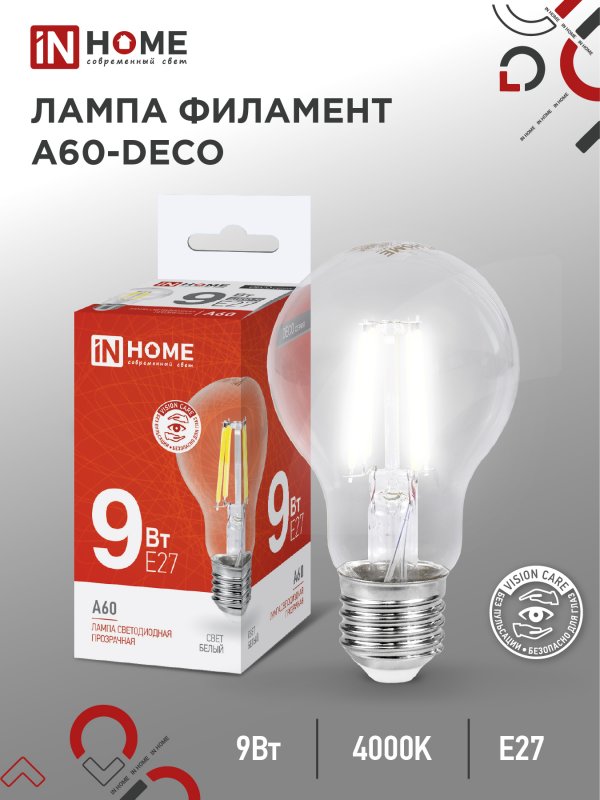 

Лампа светодиодная IN HOME LED-A60-deco 9Вт 230В Е27 4000К 1040Лм прозрачная, LED-A60-deco