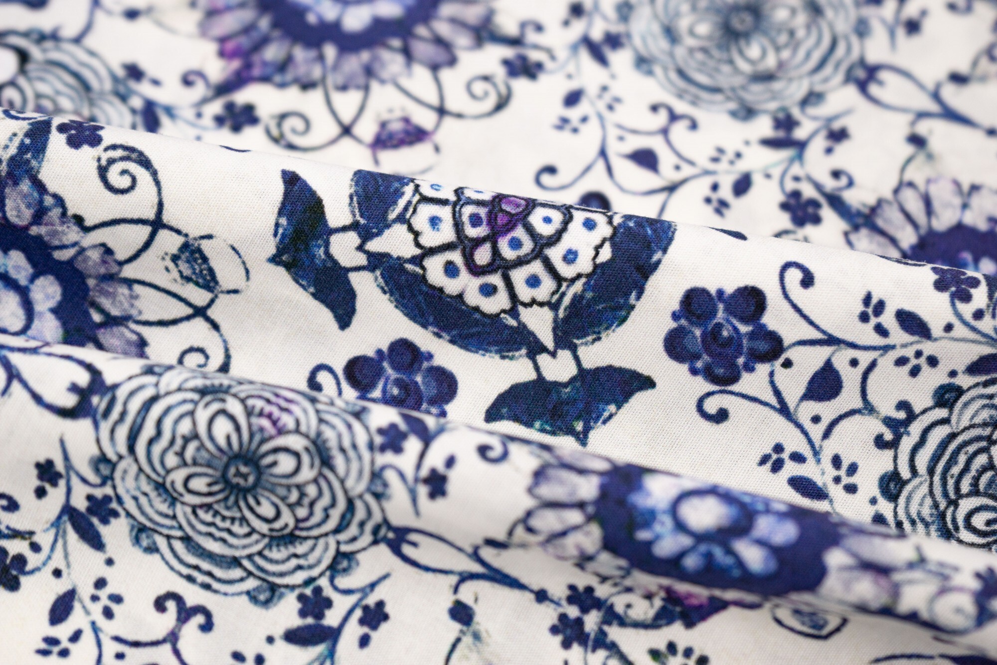 Ткань UNOFABRIC 18465 хлопок поплин синие узоры гжель цветы