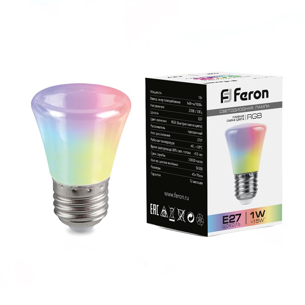 

Лампочка светодиодная FERON LB-372, 1Вт E27 230V RGB, упаковка 10 шт, 38128, LB-372