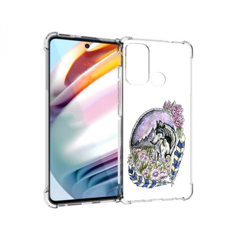 

Чехол MyPads Tocco для Motorola Moto G60 нарисованный волк в цветах с перьями, Прозрачный, Tocco