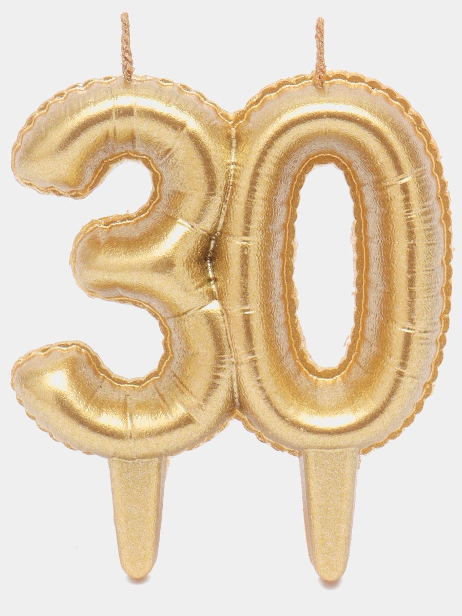 Свеча для торта парафиновая Riota Цифра 30, Воздушные шарики, золотая, 8 см, 1 шт.