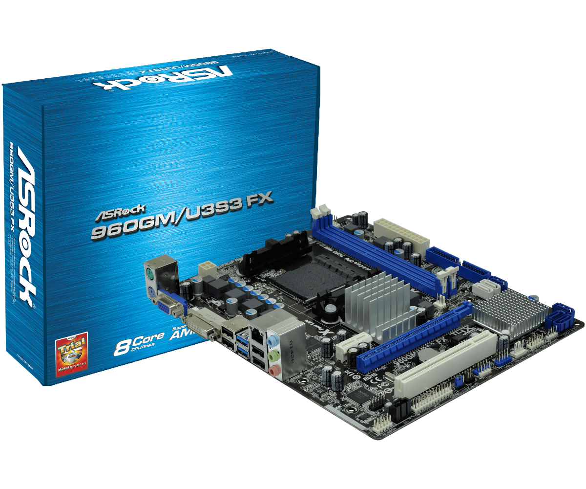 Материнская плата ASROCK 960gm/u3s3 FX. Системная плата ASROCK 960gm/u3s3 FX (1 PCI, 1 PCI-E x1, 1 PCI-E x16, 2 ddr3 DIMM, Audio, Video, Gigabit lan). Материнская плата ASROCK am3+. ASROCK 960 GM u3s3 am3+.