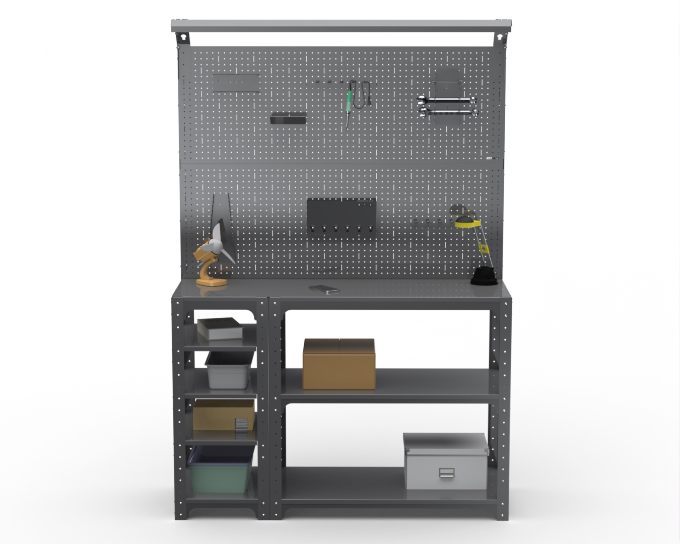 

Стол-верстак Metalex 205240 KIT 950х1300х400 с бок. полками, 2-мя панелями и комп. освещ., Серый
