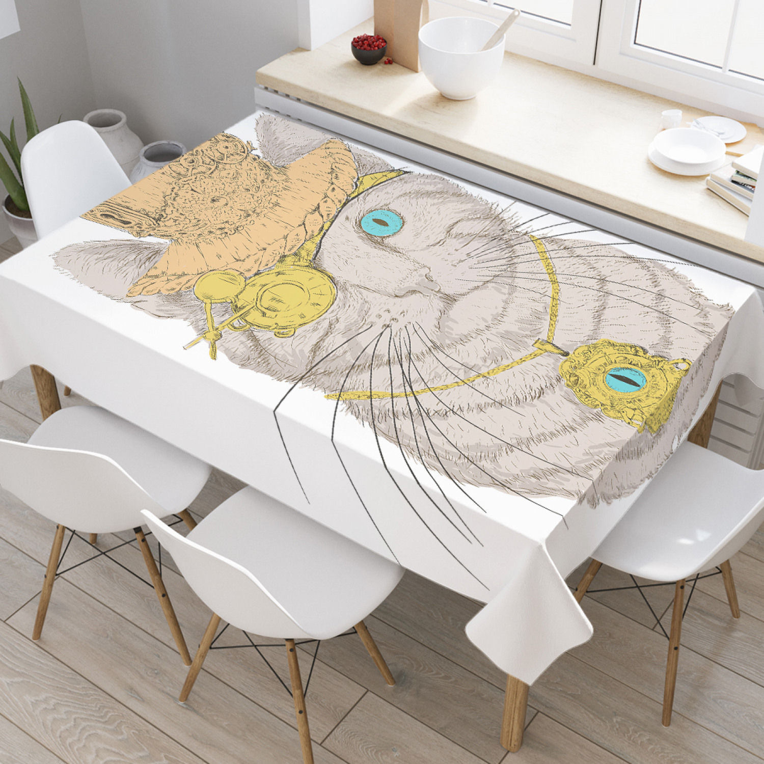 

Скатерть прямоугольная JoyArty "Волшебный одноглазый кот" из оксфорда, 120x145 см, Белый, Волшебный одноглазый кот