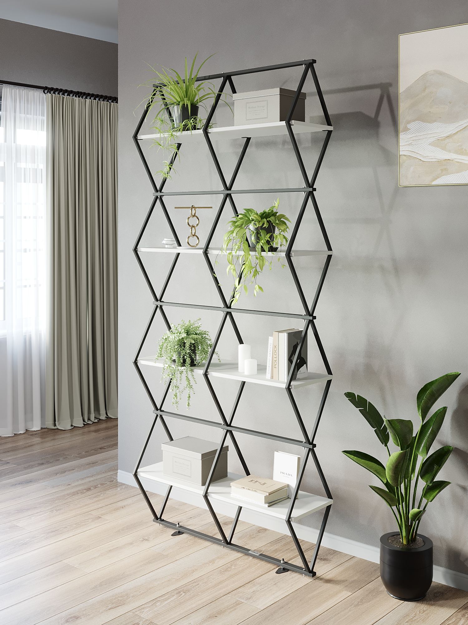 

Стеллаж KM LOFT Ромбо черный/белый лофт для дома в гостинную перегородка, KM01