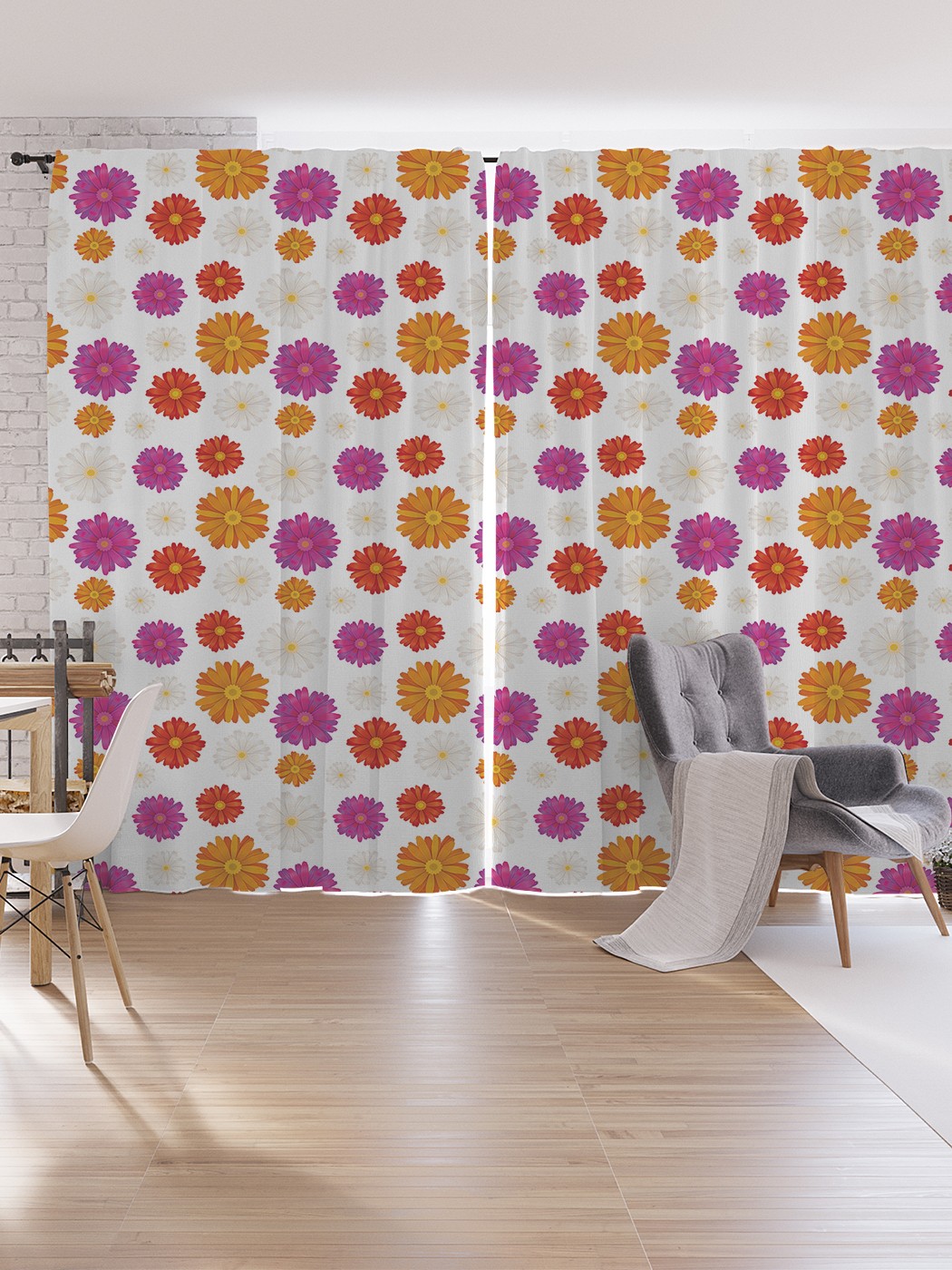 

Шторы под лён JoyArty "Разноцветные герберы", серия Oxford DeLux, 340х265 см, Разноцветные герберы