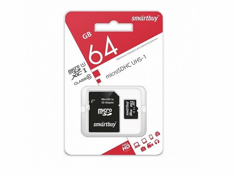 Карта памяти SmartBuy microSDHC 64 GB 10 класс + адаптер SD