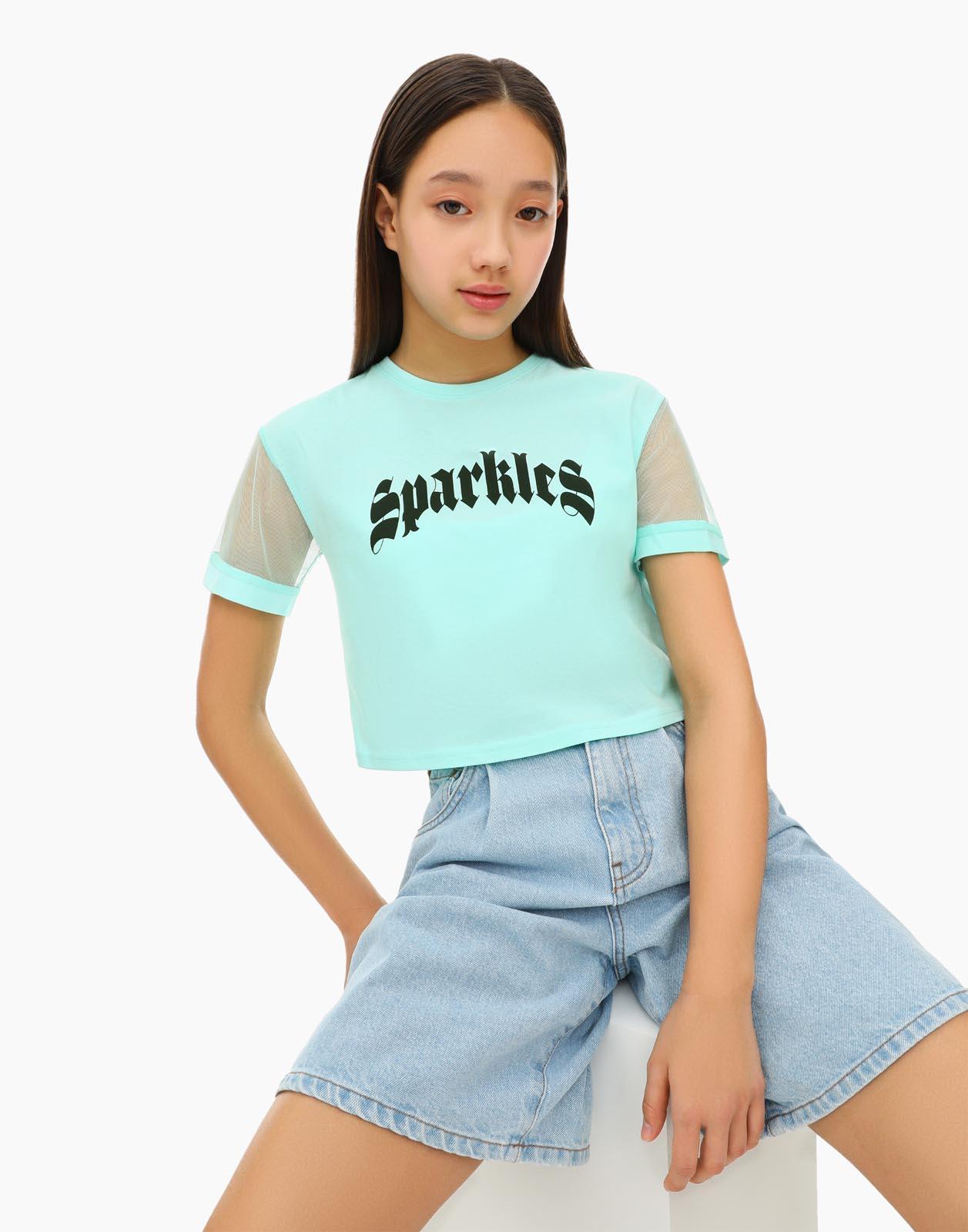 Мятная укороченная футболка Straight с надписью для девочки Gloria Jeans 6-8л/128