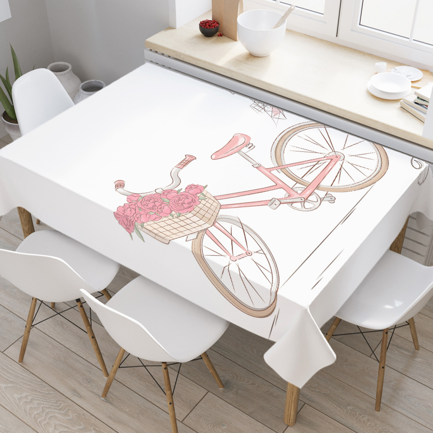 фото Скатерть прямоугольная joyarty "цветочный велосипед в париже" из оксфорда, 120x145 см