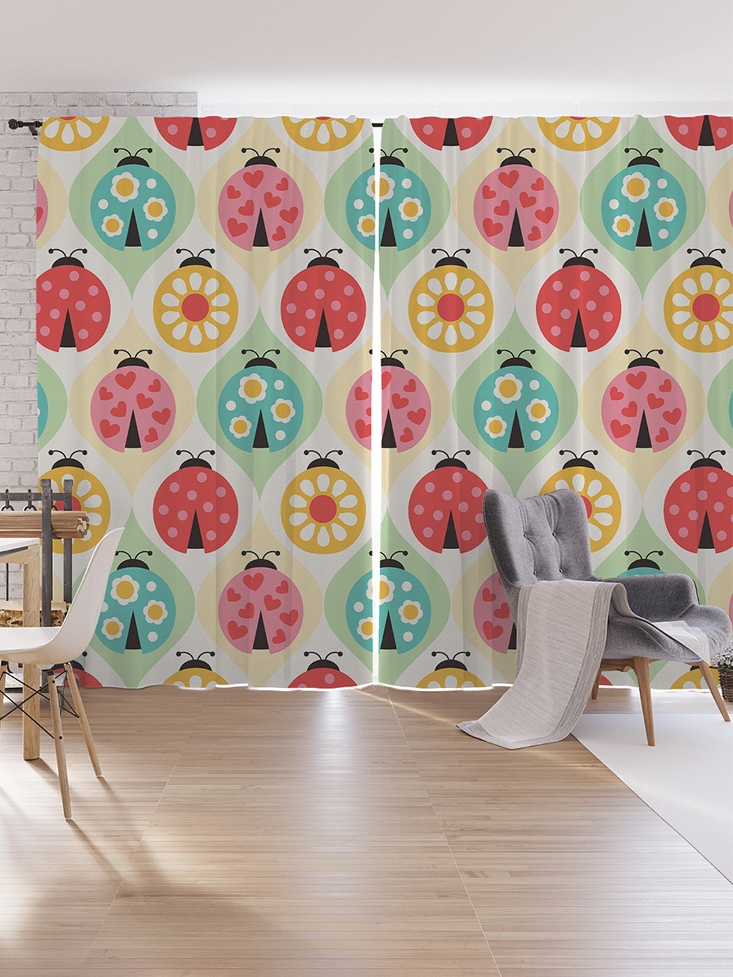 

Шторы под лён JoyArty "Божьи коровки с узорами", серия Oxford DeLux, 340х265 см, Божьи коровки с узорами