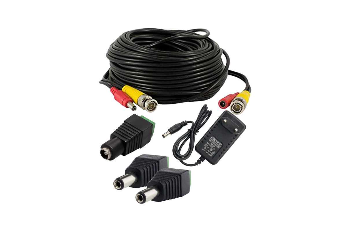 Комплект К-20.2 для системы видеонаблюдения: кабель BNC/DC 20 м, переходники,блок питания разъем питания rexant