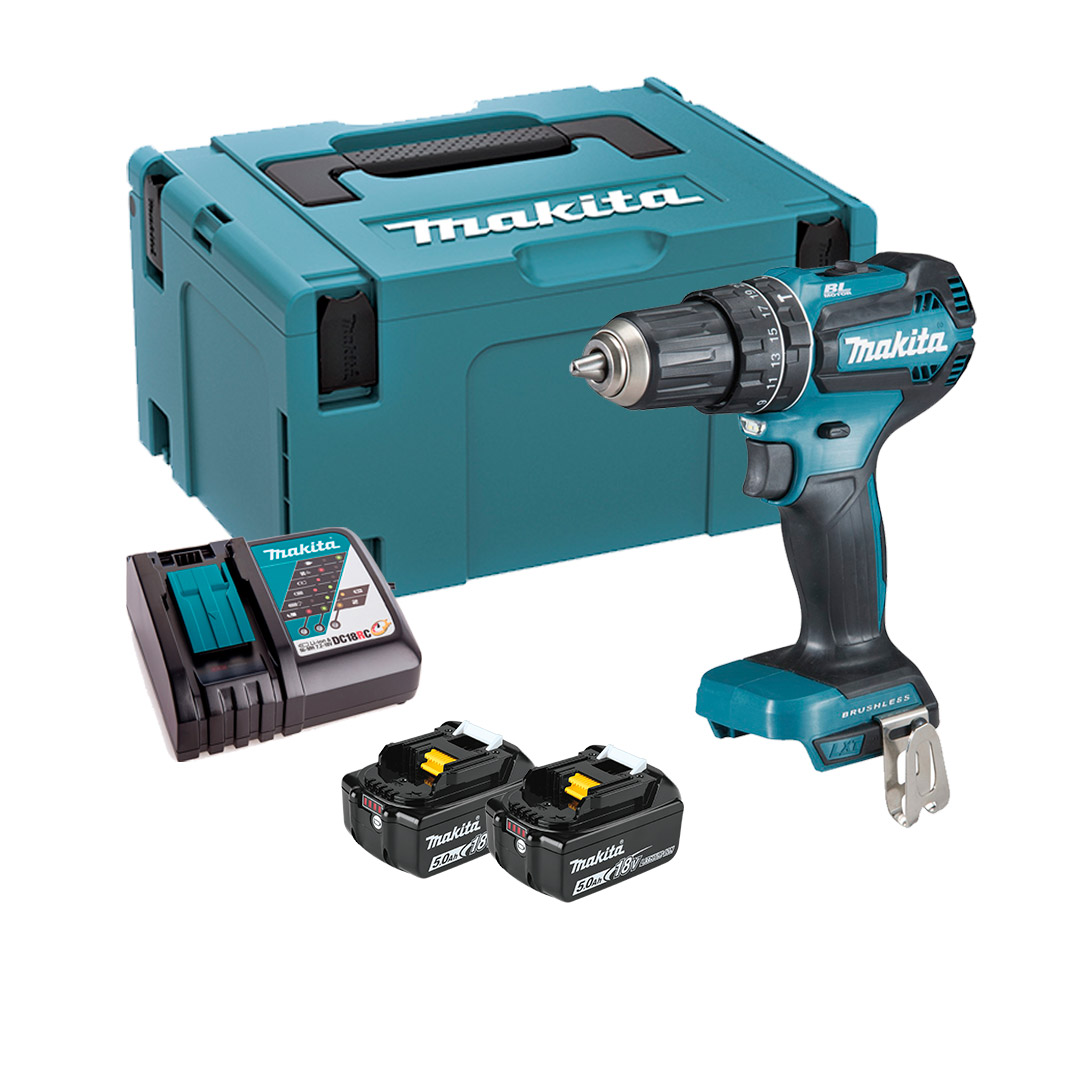 Дрель-шуруповерт Makita DHP485RTJ аккумуляторная бесщеточная ударная, 18В Li 2x5Ач