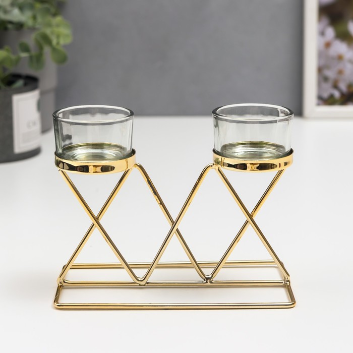

Подсвечник металл, стекло на 2 свечи Ромбы золото 15х7х9 см