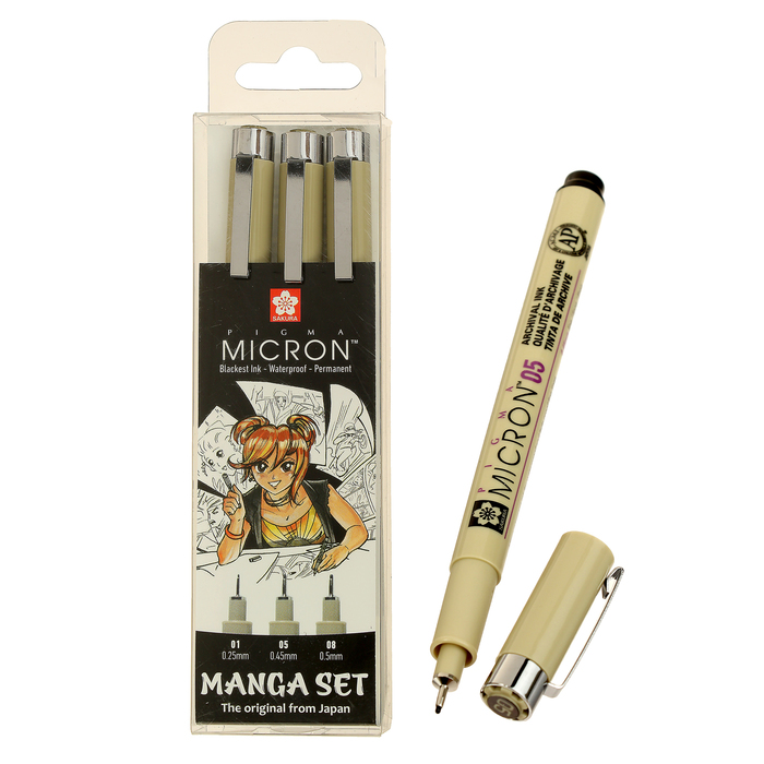 

Набор ручек капиллярных 3 штуки (линеры 0.25, 0.45, 0.5), Sakura Pigma Micron Manga, черны