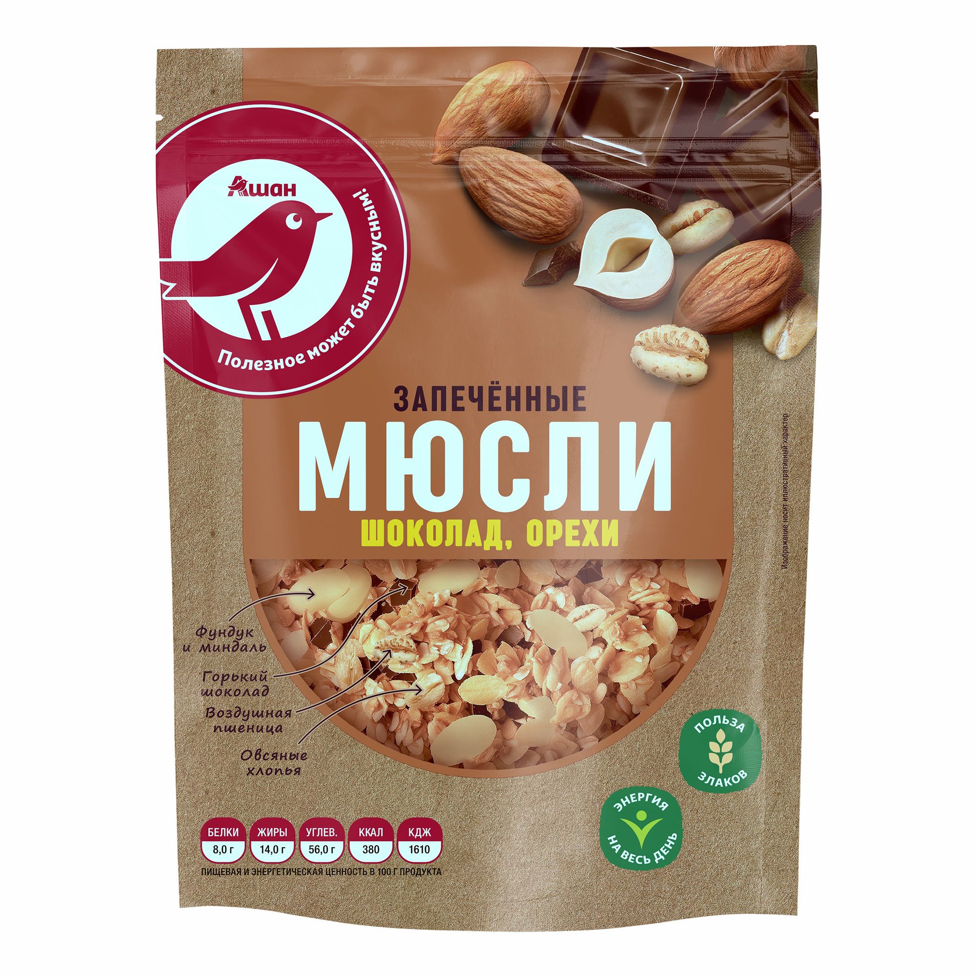 

Мюсли АШАН Красная птица запеченные с шоколадом и орехом, 250 г